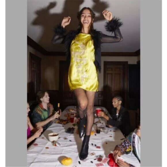 Urban Outfitters | Bird Song Mini Satin Party Dress New Small Yellow Dragon - Picture 5 of 8